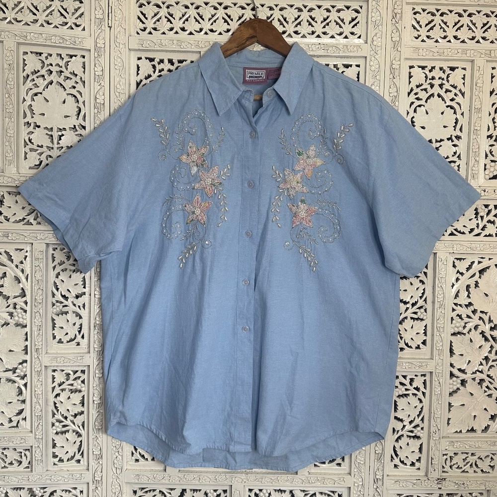 Vintage Blue Retro Button Up Blouse‎ With Floral Beading Details Sz Large